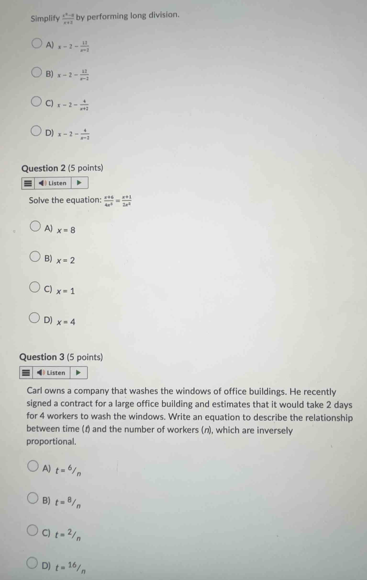 simplify \\(\\frac{x^2-8}{x+2}\\) by performing long division. a) \\(x-…