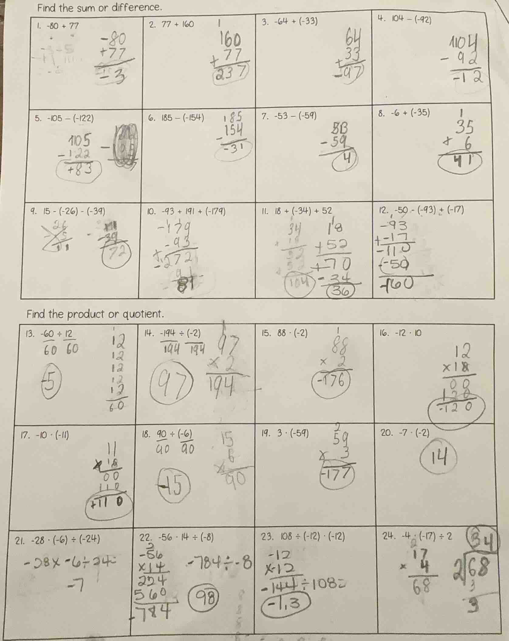 find the sum or difference. 1. -80 + 77 2. 77 + 160 3. -64 + (-33) 4. 1…