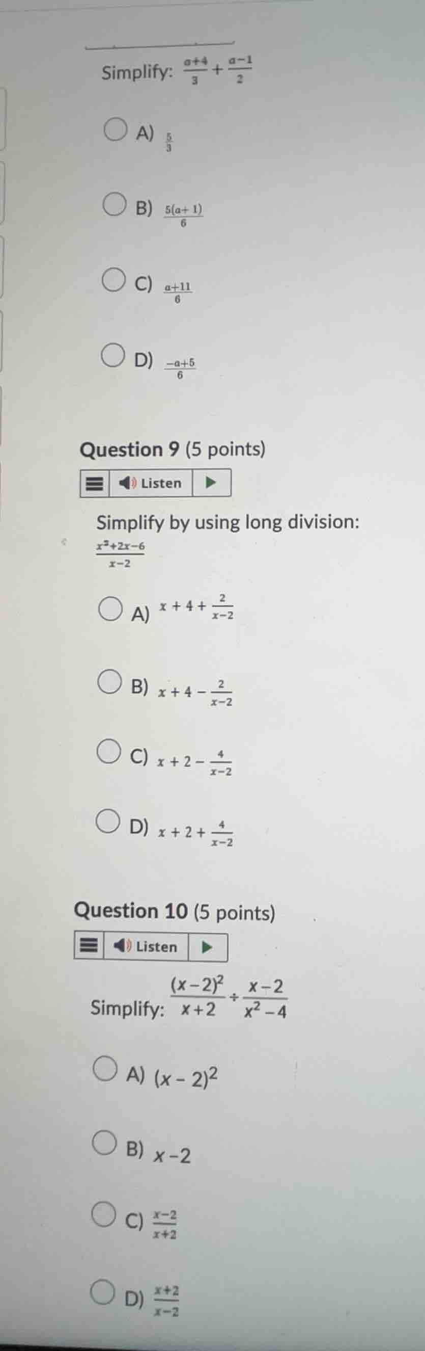 simplify: \\(\\frac{a+4}{3} + \\frac{a-1}{2}\\) a) \\(\\frac{5}{3}\\) b…