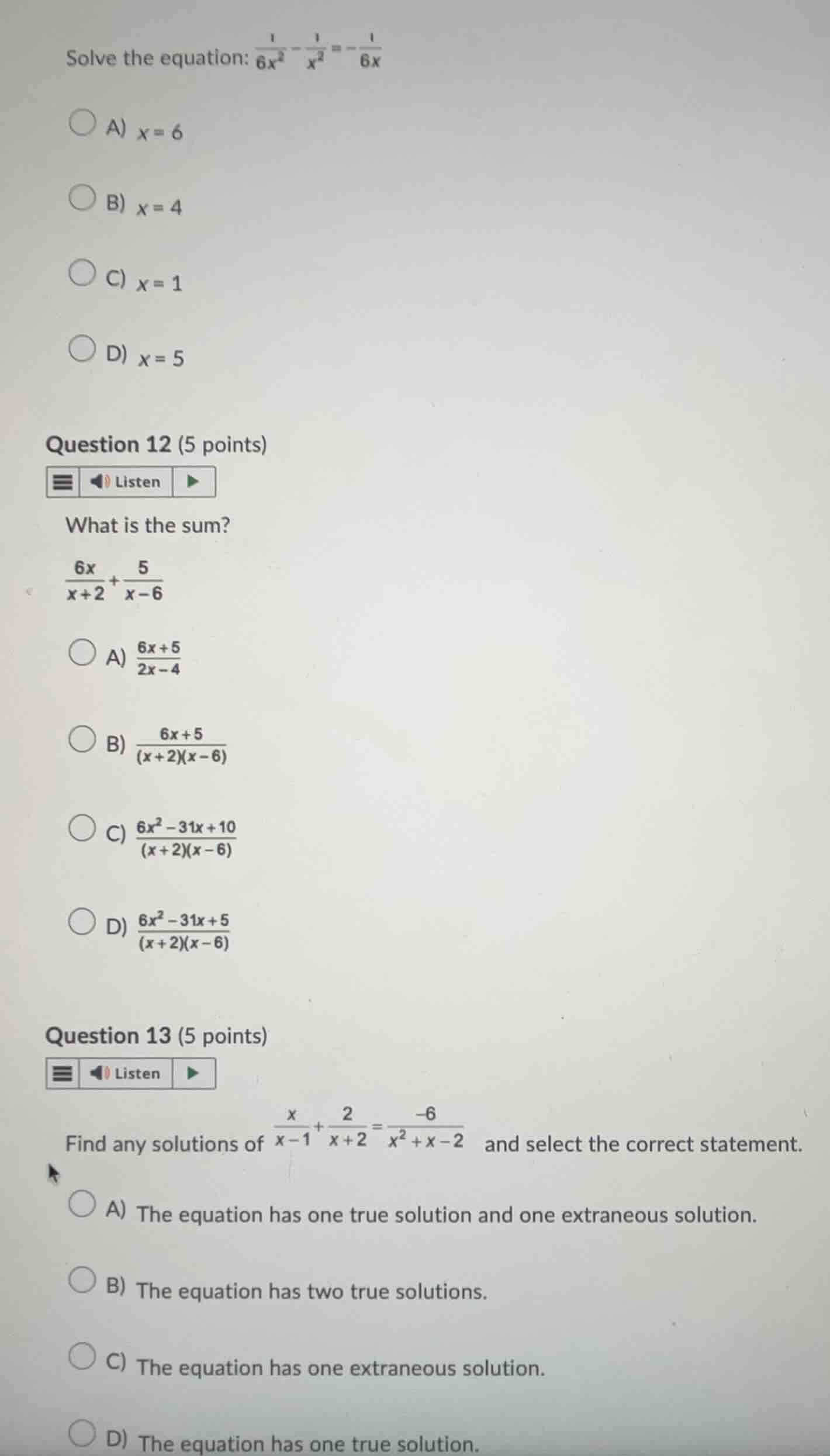 solve the equation: \\(\\frac{1}{6x^2} - \\frac{1}{x^2} = -\\frac{1}{6x…