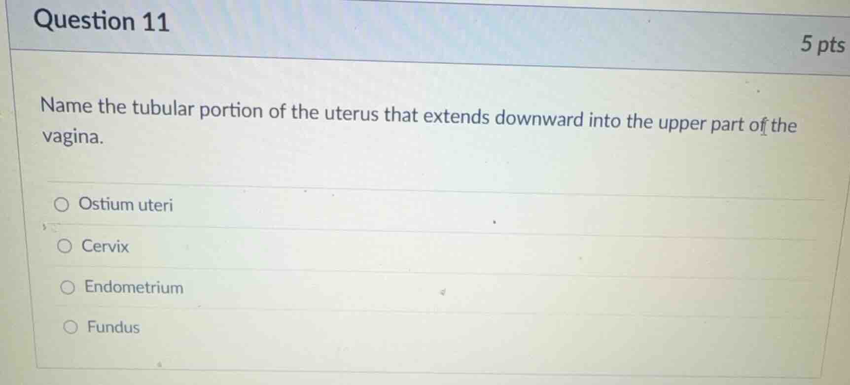 question 11 5 pts name the tubular portion of the uterus that extends d…