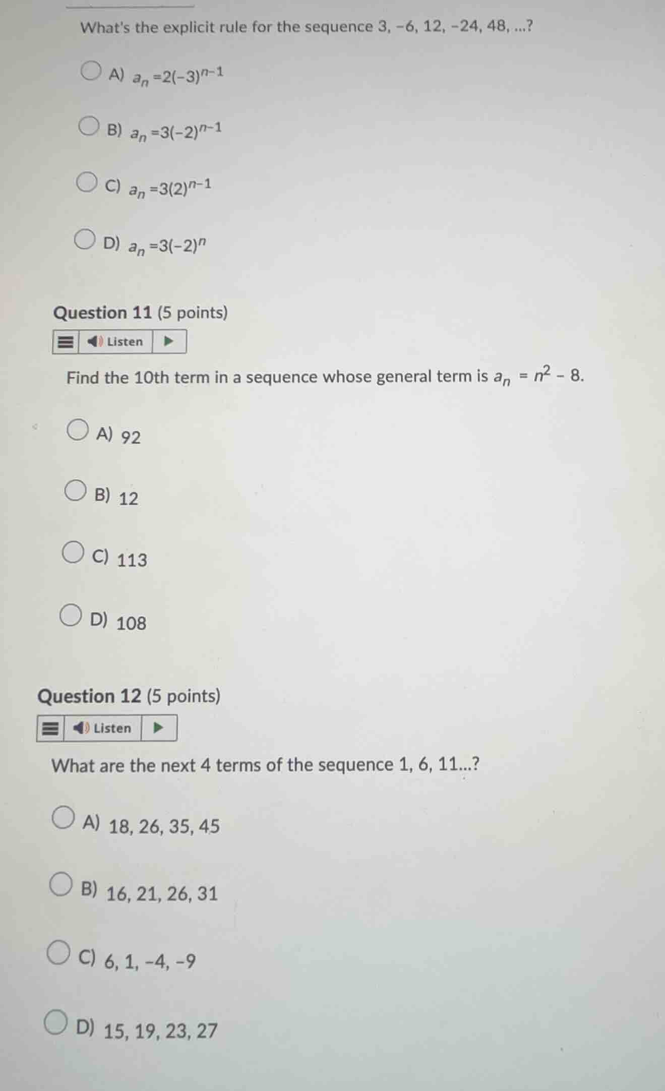 whats the explicit rule for the sequence 3, -6, 12, -24, 48, ...? a) \\…