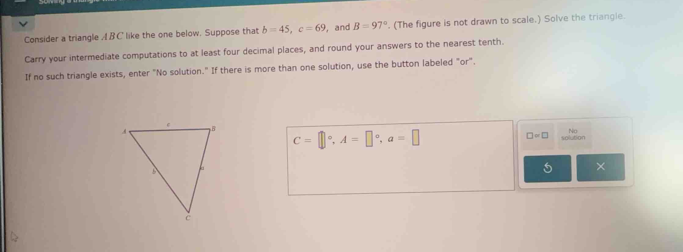 consider a triangle (abc) like the one below. suppose that (b = 45), (c…