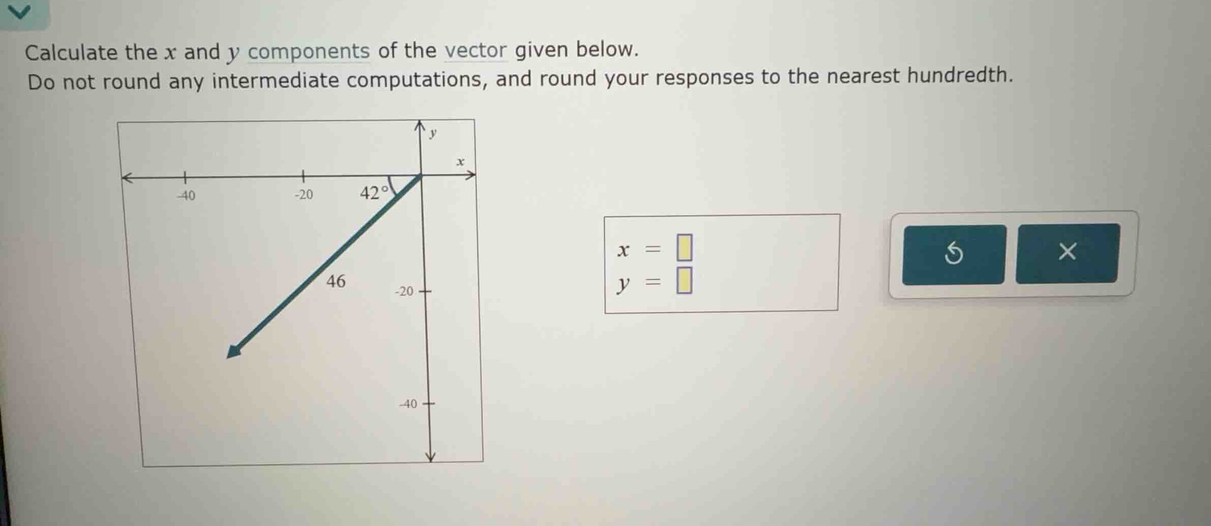 calculate the \\(x\\) and \\(y\\) components of the vector given below.…