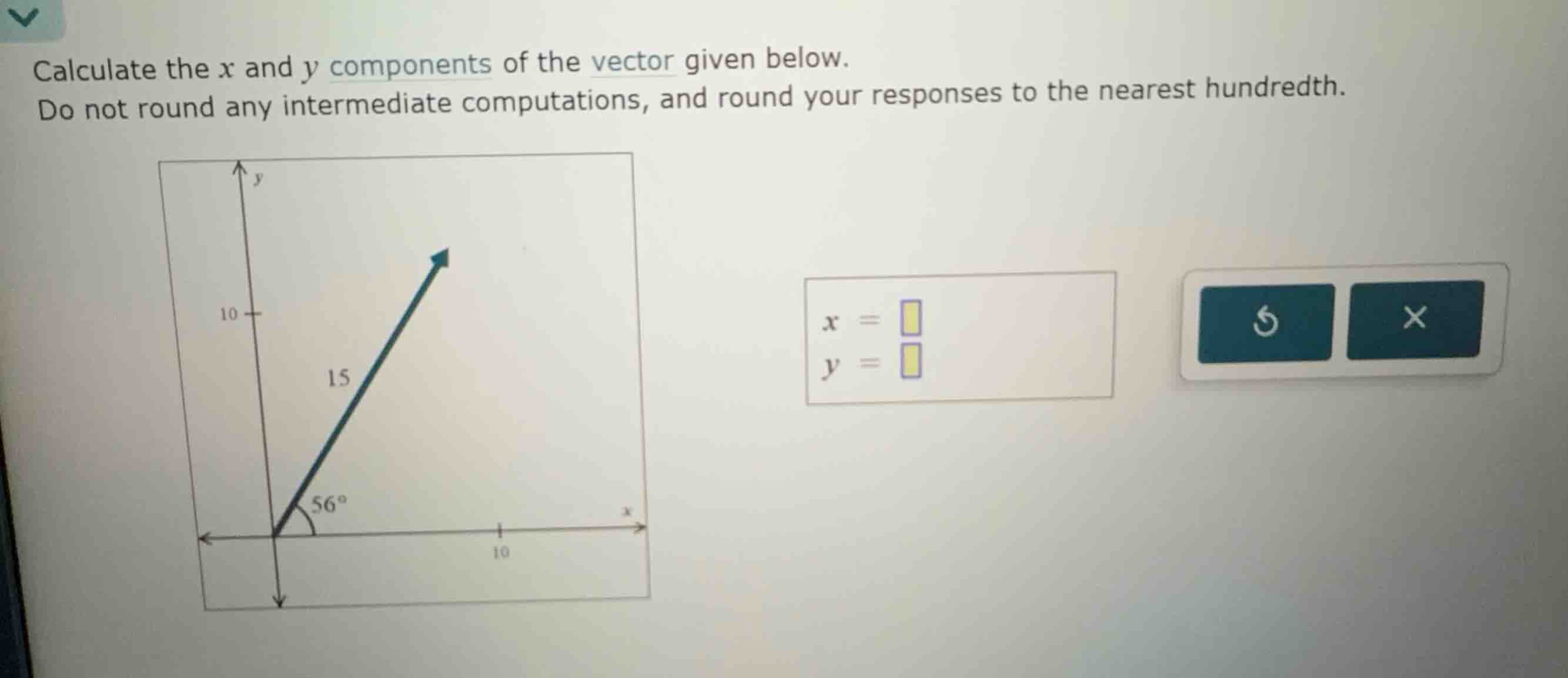calculate the \\(x\\) and \\(y\\) components of the vector given below.…