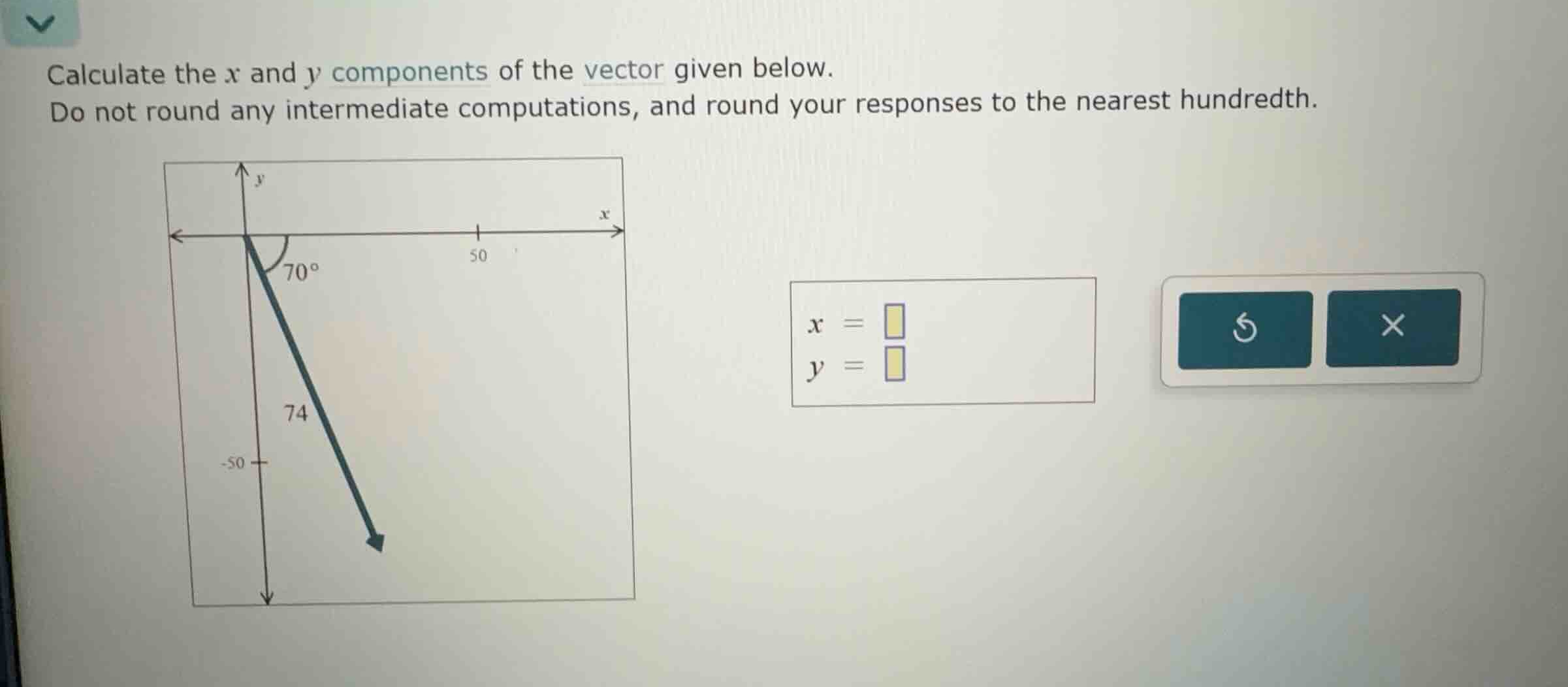 calculate the \\(x\\) and \\(y\\) components of the vector given below.…
