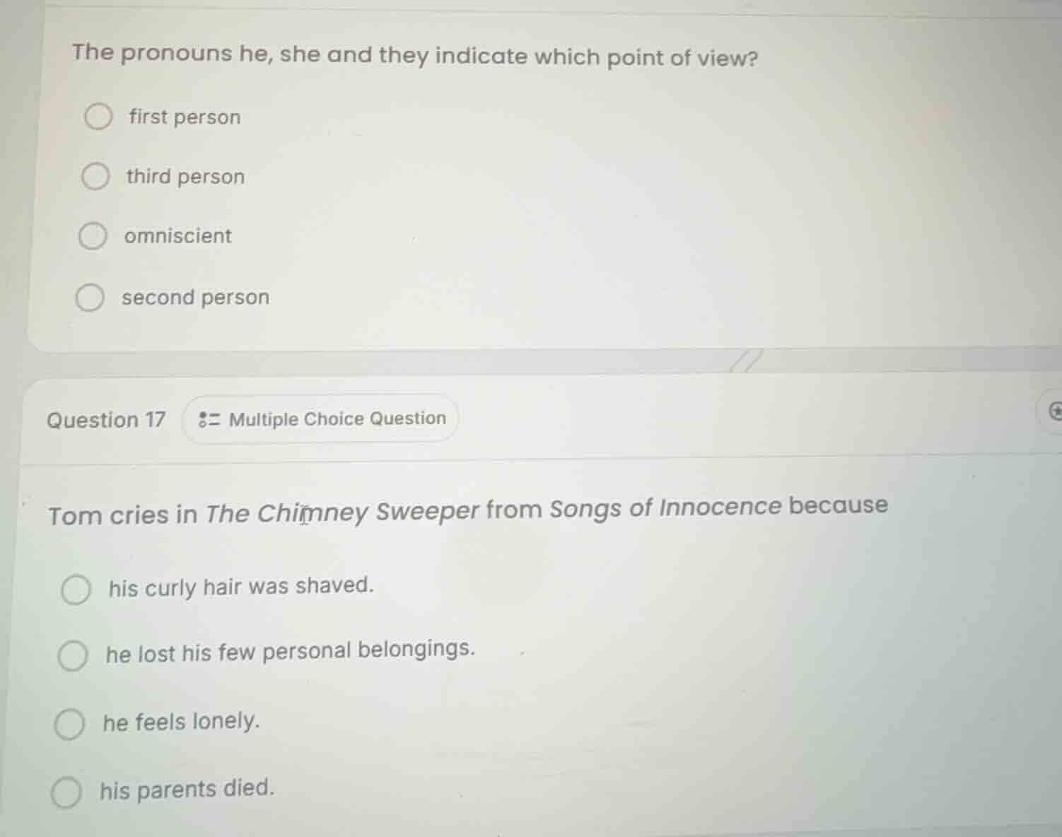 the pronouns he, she and they indicate which point of view? first perso…