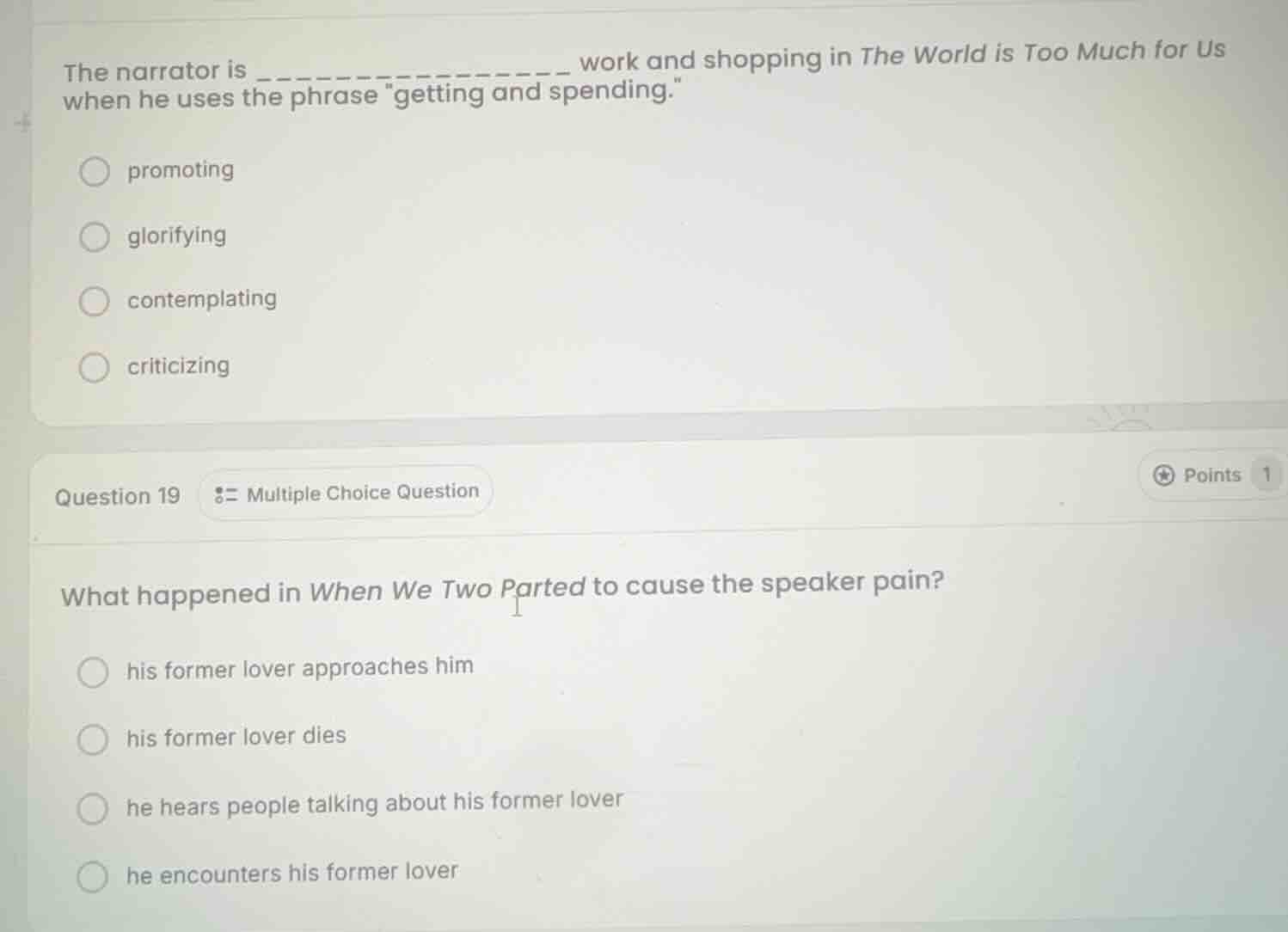 the narrator is _______________ work and shopping in the world is too m…