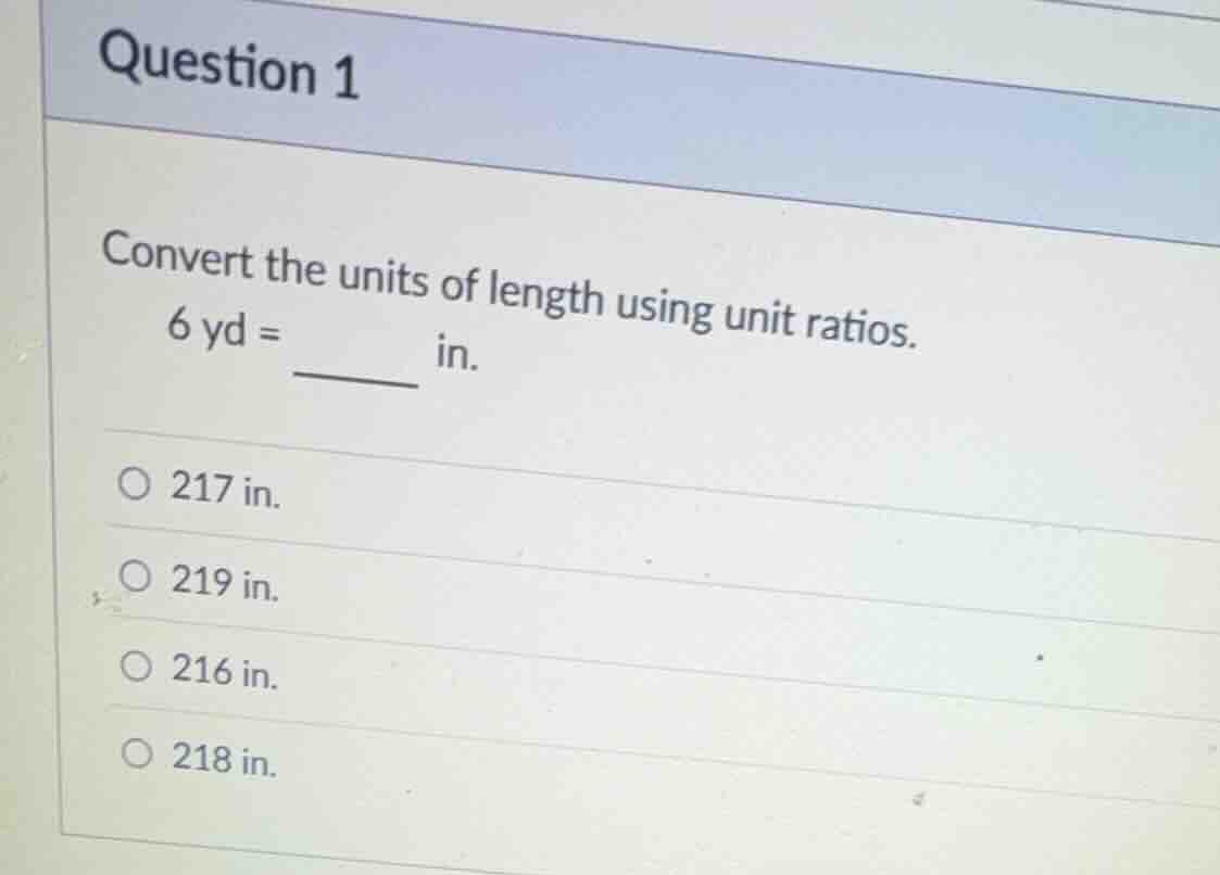 question 1 convert the units of length using unit ratios. (6\\text{ yd}…