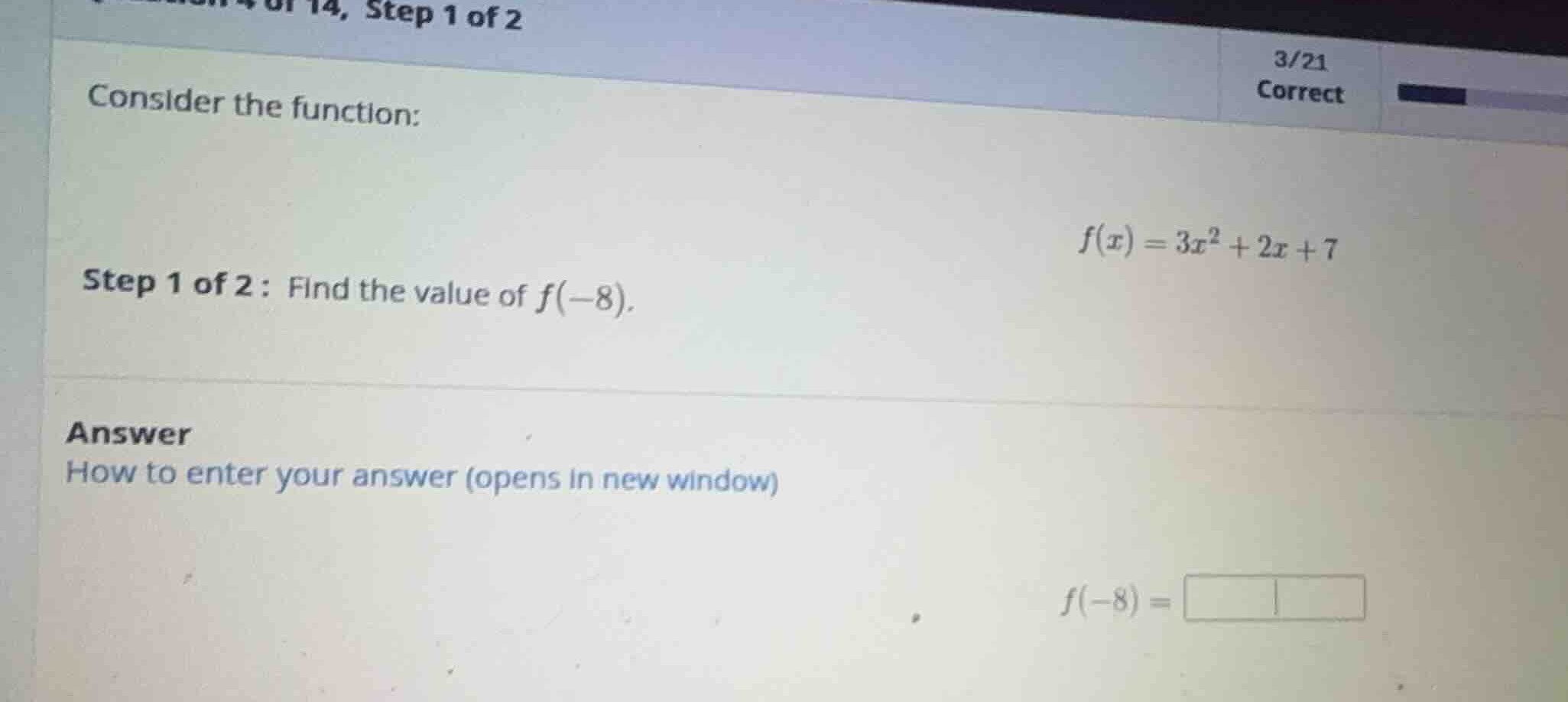 consider the function: \\f(x) = 3x^2 + 2x + 7\\ step 1 of 2 : find the …