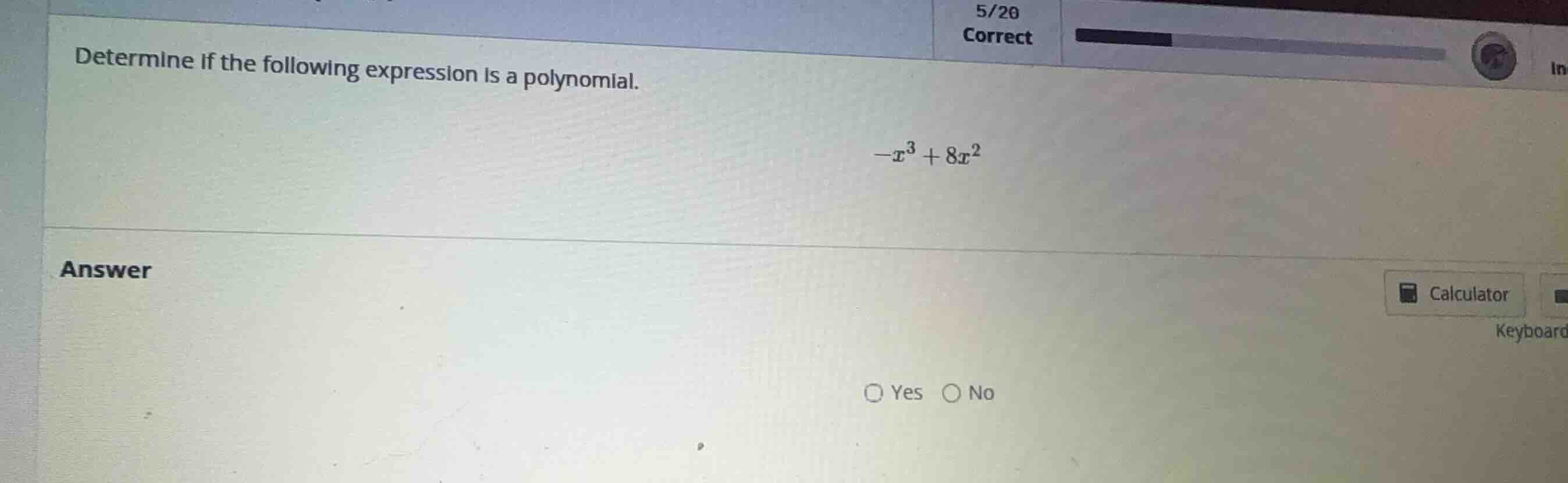 determine if the following expression is a polynomial. \\-x^3 + 8x^2\\ …