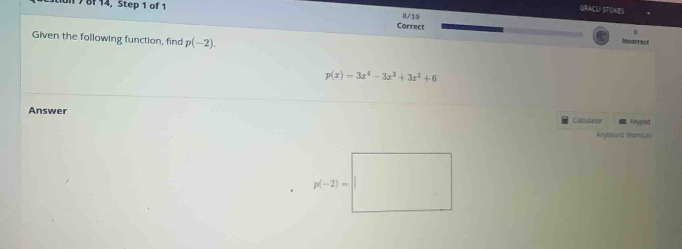 given the following function, find \\(p(-2)\\). \\p(x) = 3x^4 - 3x^3 + …