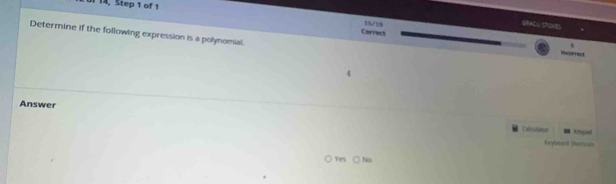 determine if the following expression is a polynomial. 4 answer yes no