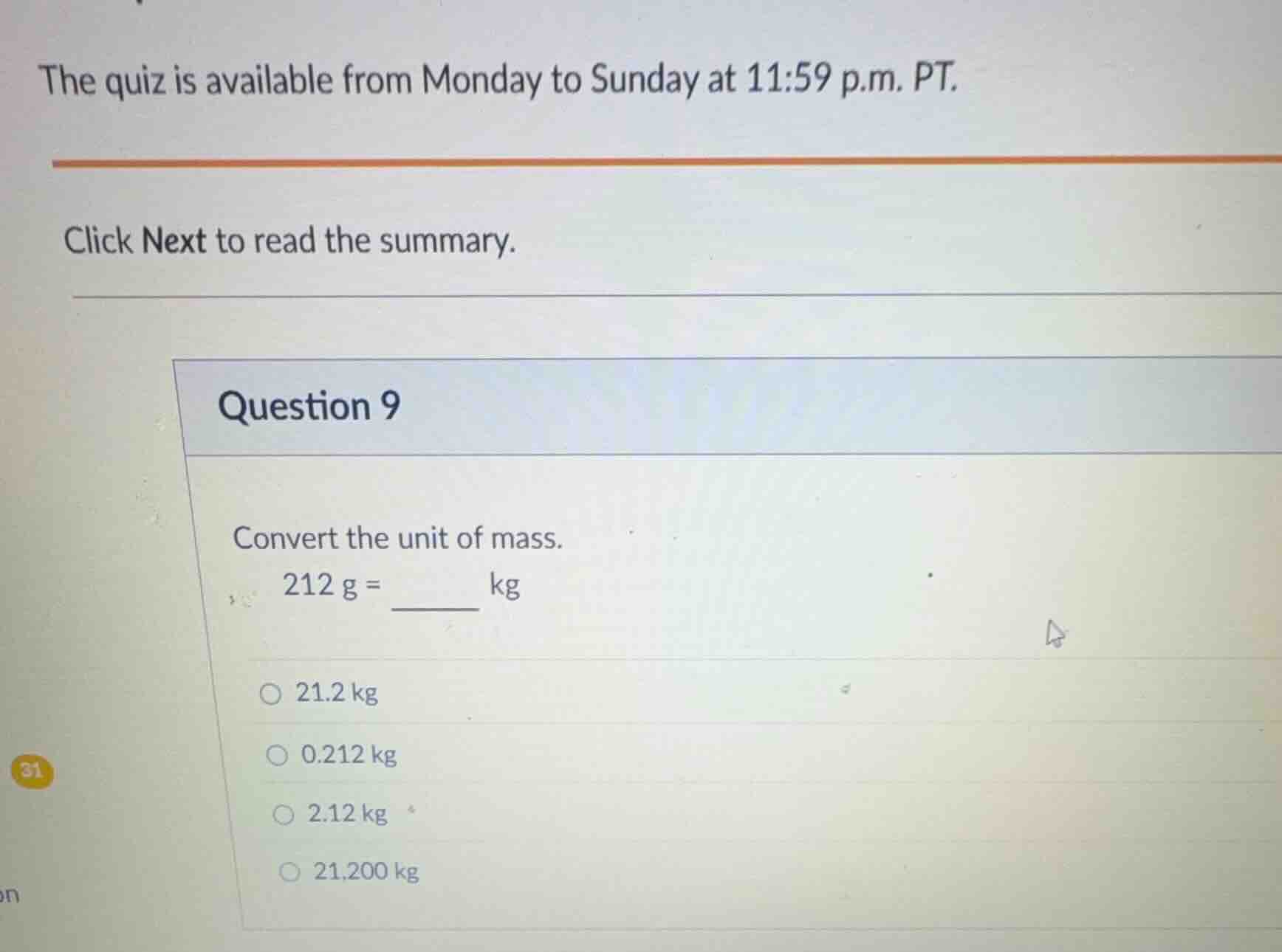 question 9 convert the unit of mass. \\(212\\text{ g} = \\text{_______ …
