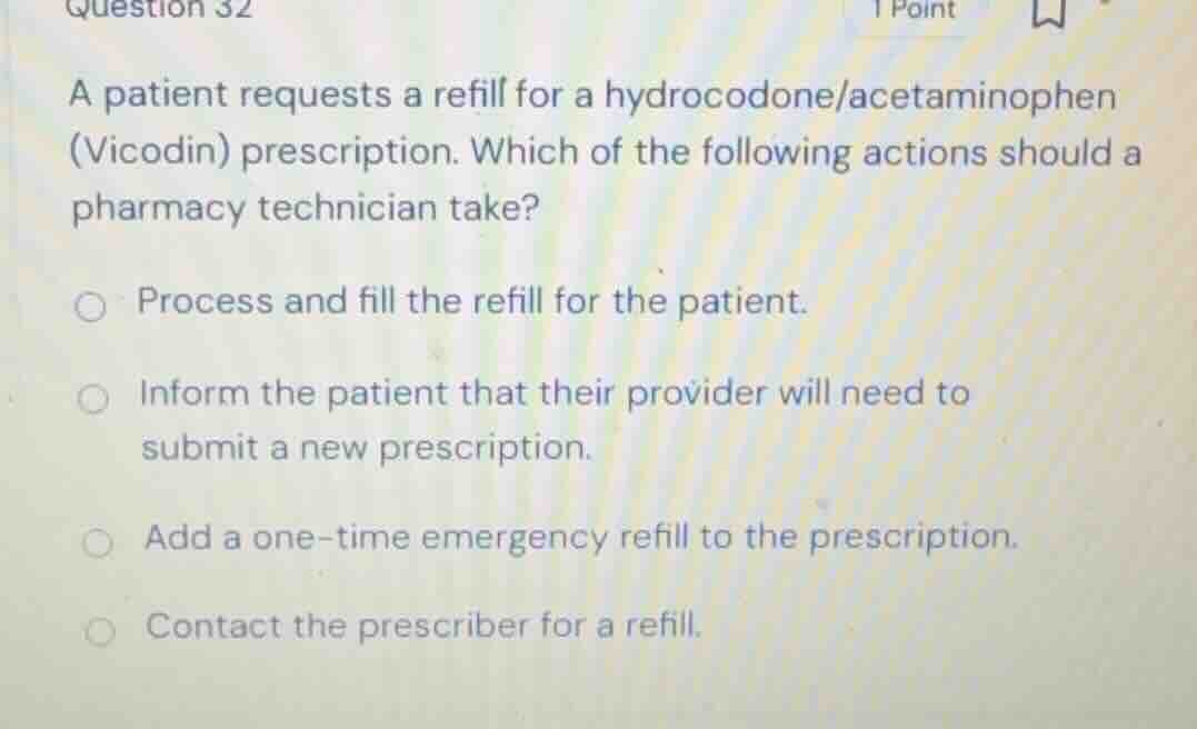 a patient requests a refill for a hydrocodone/acetaminophen (vicodin) p…
