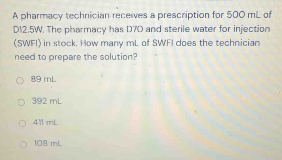 a pharmacy technician receives a prescription for 500 ml of d12.5w. the…
