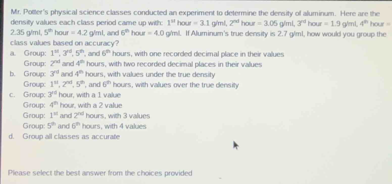 mr. potters physical science classes conducted an experiment to determi…