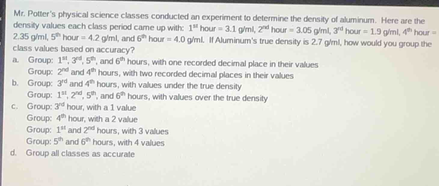 mr. potters physical science classes conducted an experiment to determi…