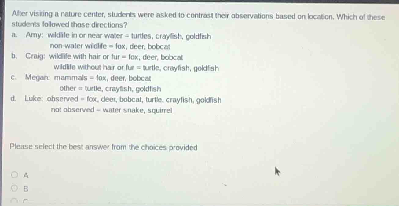 after visiting a nature center, students were asked to contrast their o…
