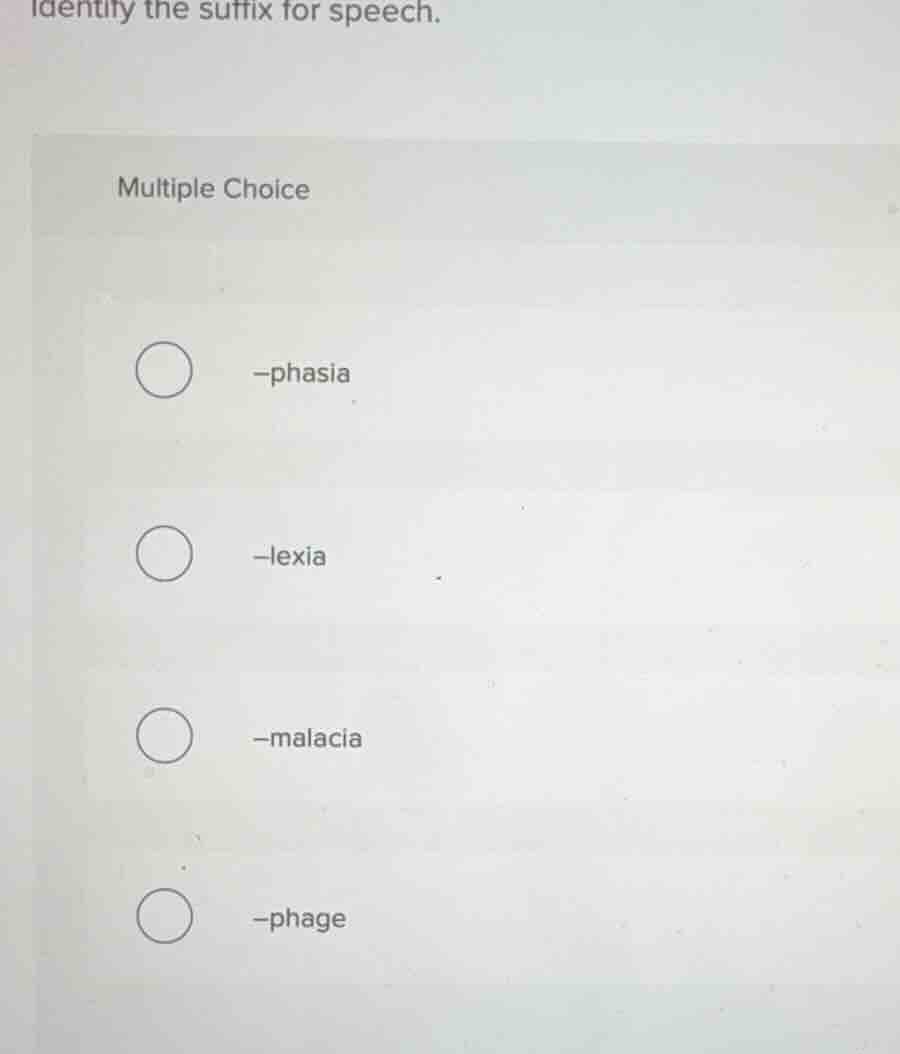 identify the suffix for speech. multiple choice -phasia -lexia -malacia…