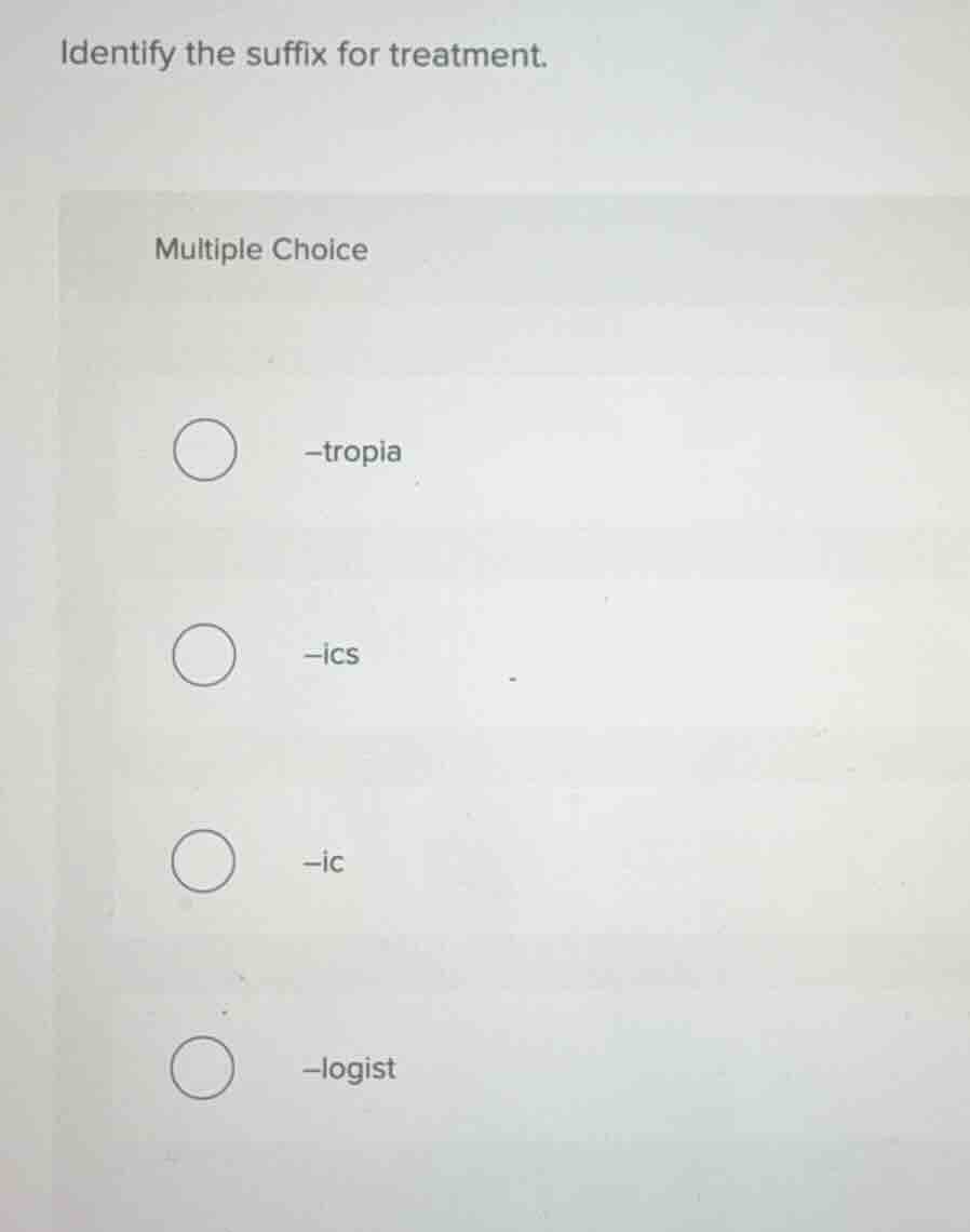 identify the suffix for treatment. multiple choice -tropia -ics -ic -lo…