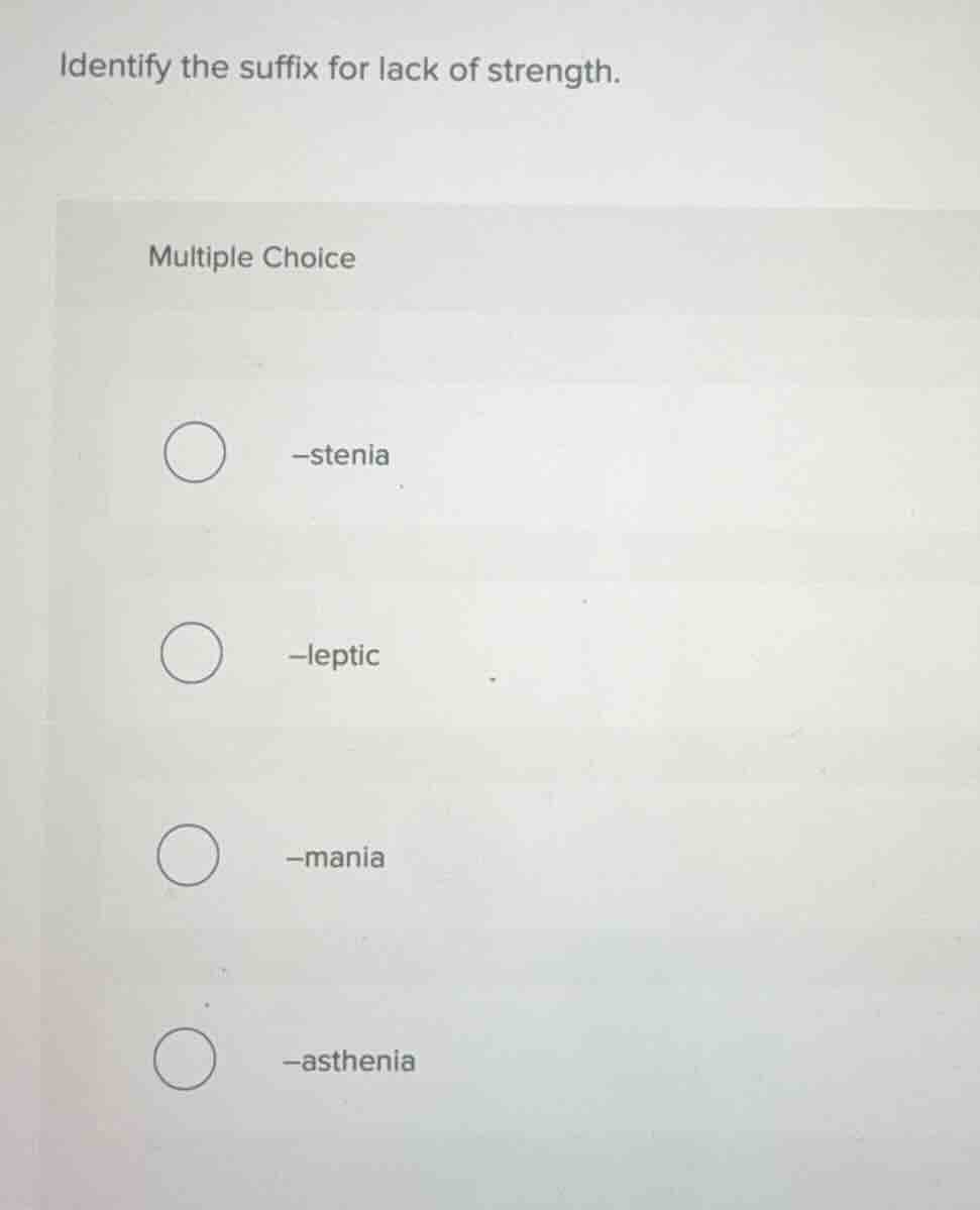 identify the suffix for lack of strength. multiple choice -stenia -lept…