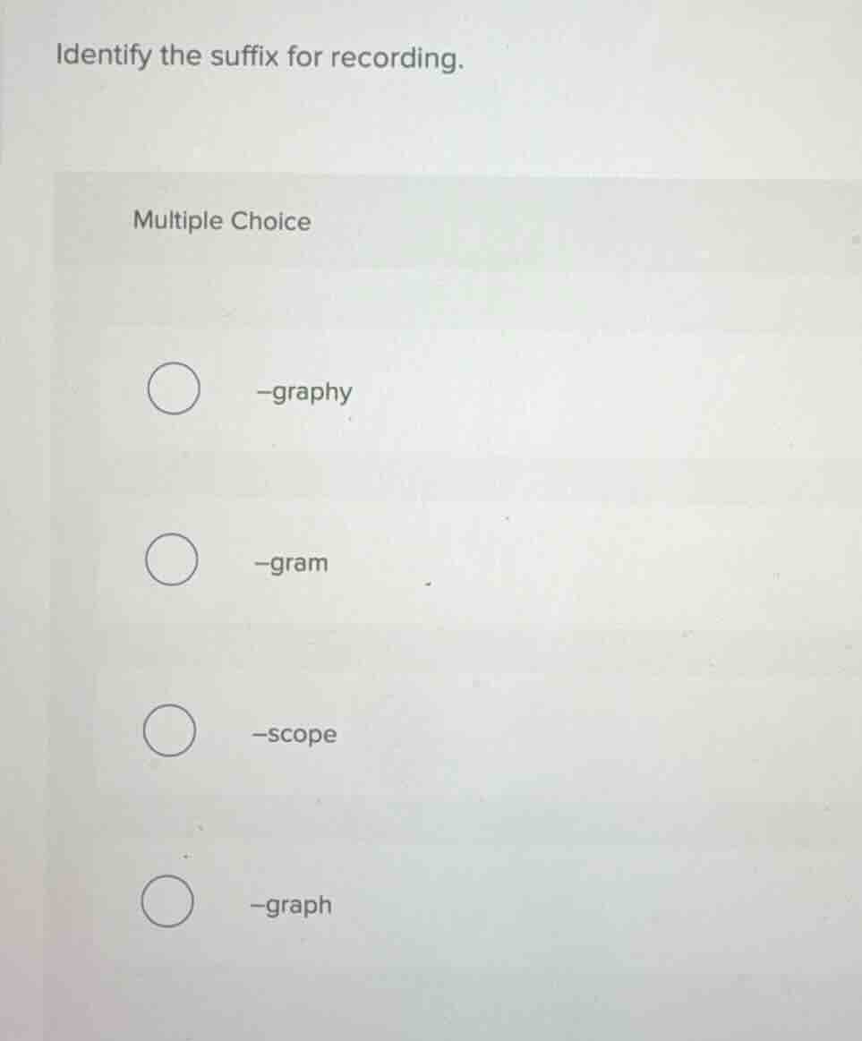 identify the suffix for recording. multiple choice -graphy -gram -scope…