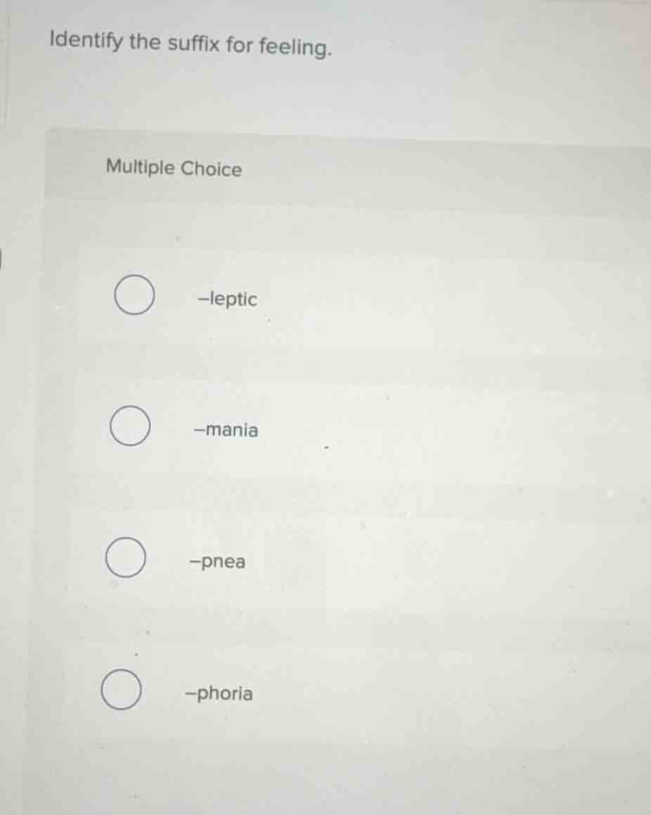identify the suffix for feeling. multiple choice -leptic -mania -pnea -…