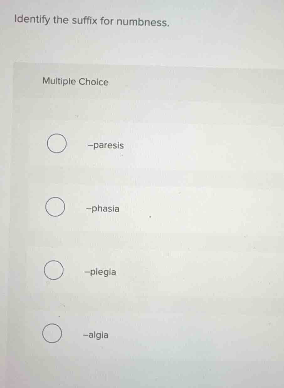 identify the suffix for numbness. multiple choice -paresis -phasia -ple…