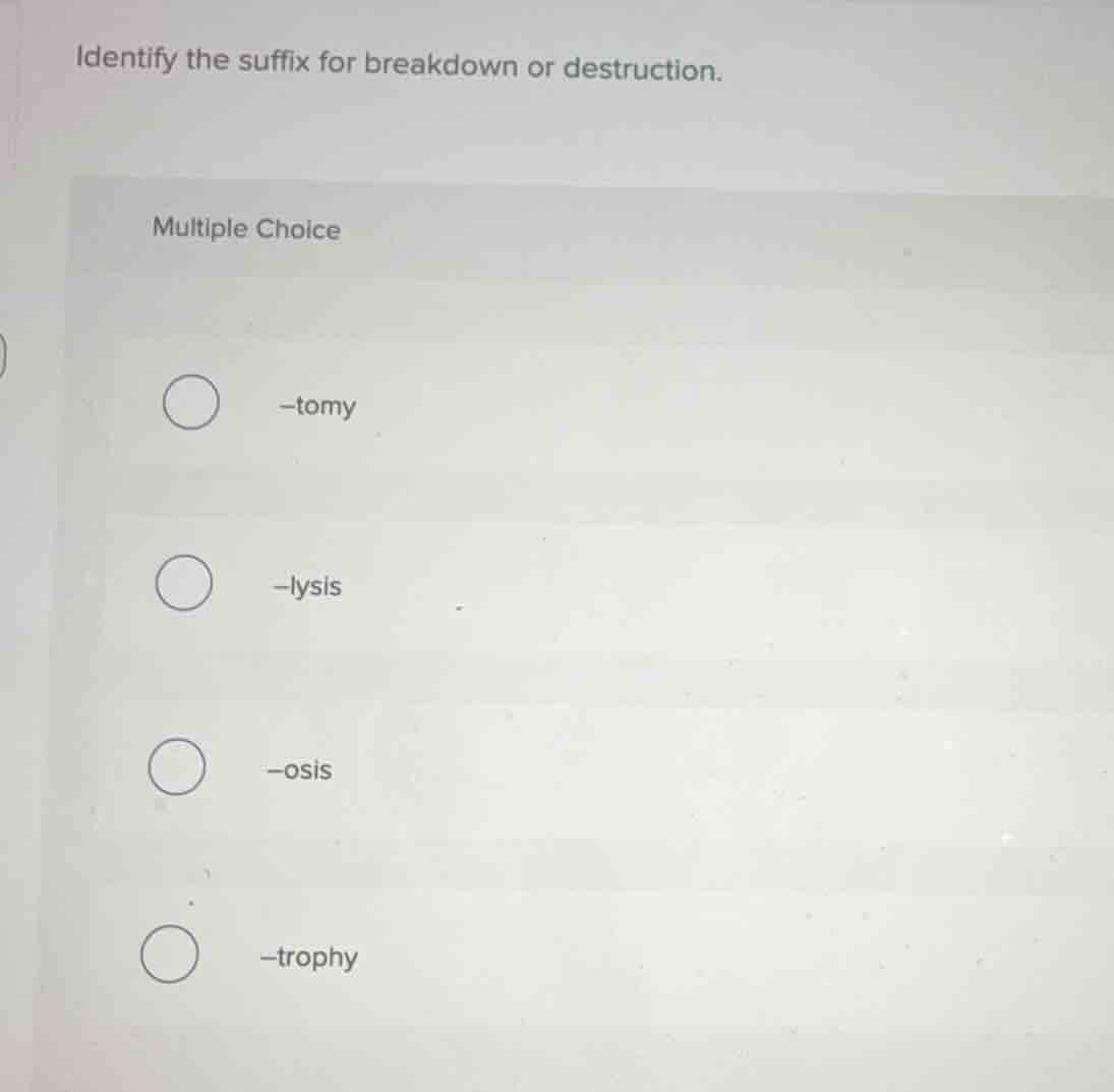 identify the suffix for breakdown or destruction. multiple choice -tomy…
