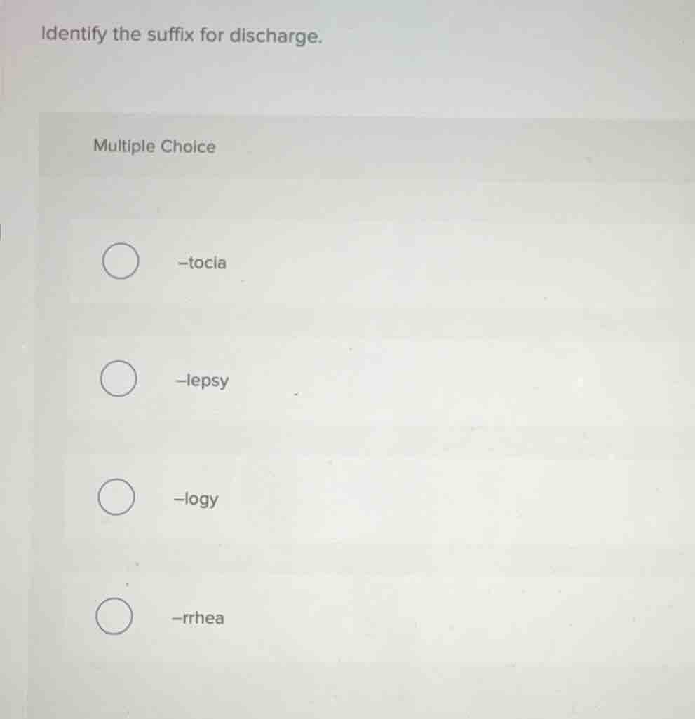identify the suffix for discharge. multiple choice -tocia -lepsy -logy …