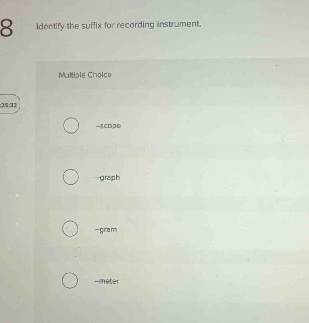 identify the suffix for recording instrument. multiple choice -scope -g…