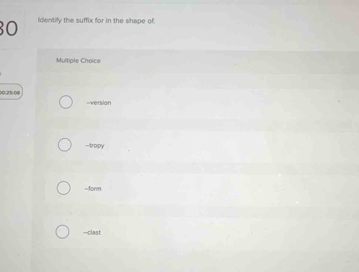 identify the suffix for in the shape of. multiple choice -version -trop…
