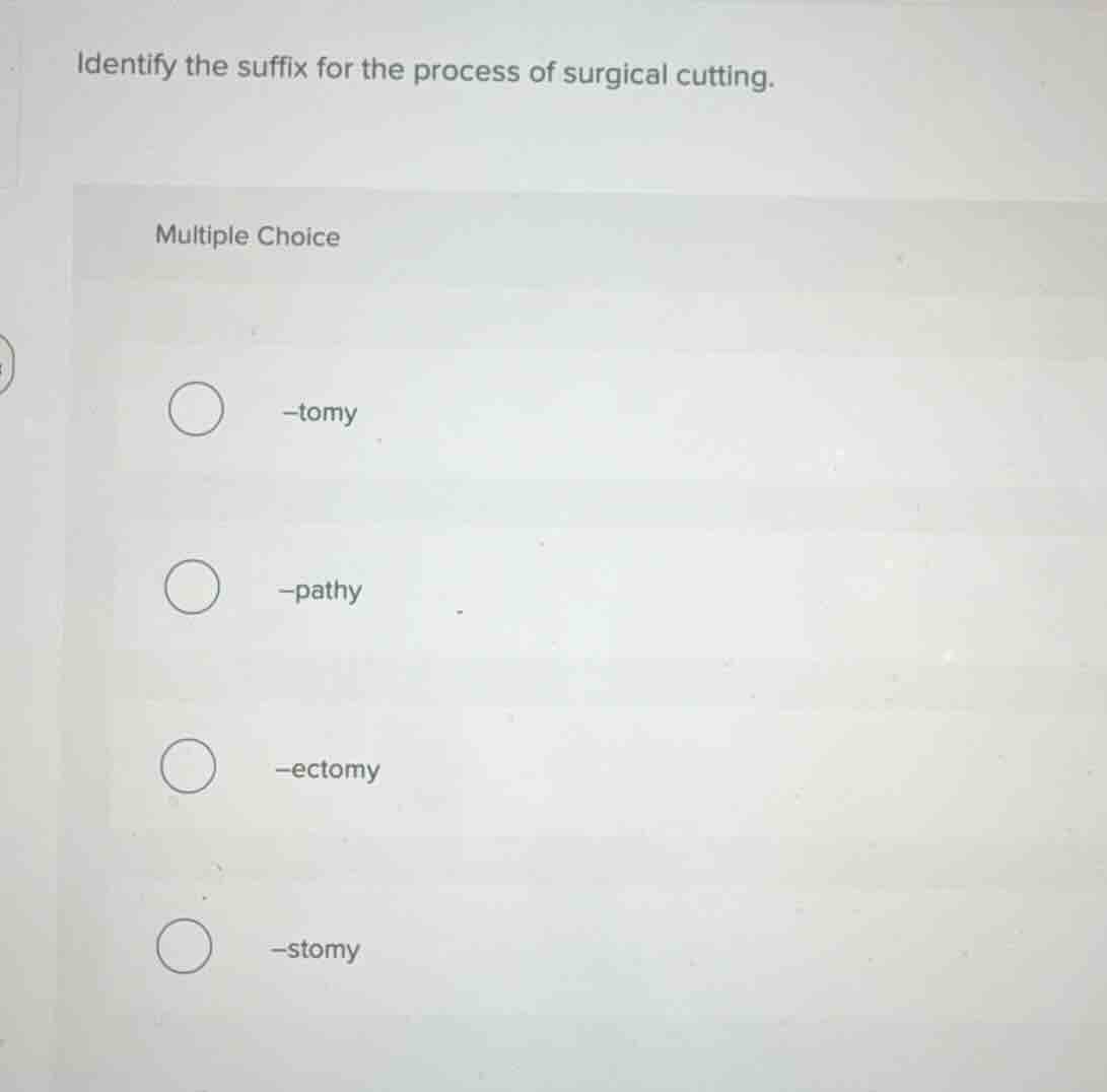 identify the suffix for the process of surgical cutting. multiple choic…