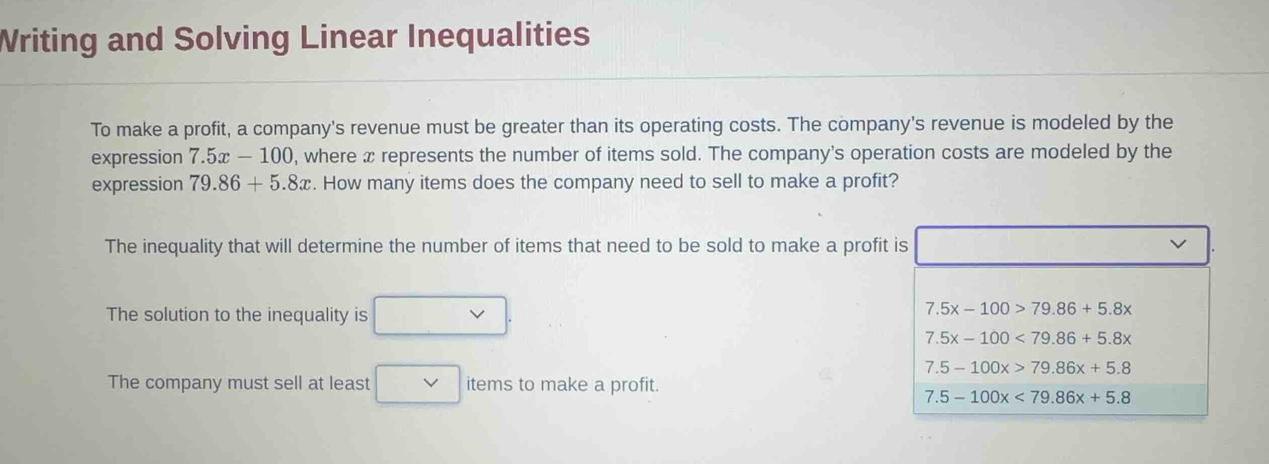 writing and solving linear inequalities to make a profit, a companys re…