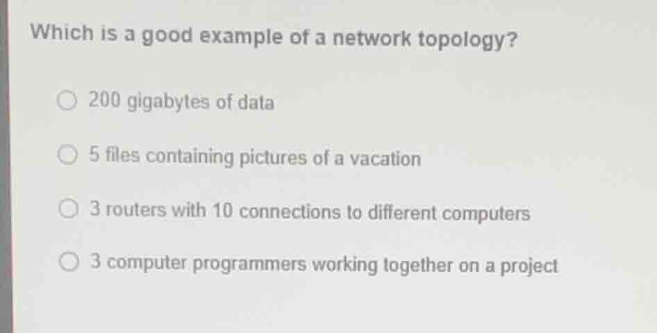 which is a good example of a network topology? 200 gigabytes of data 5 …
