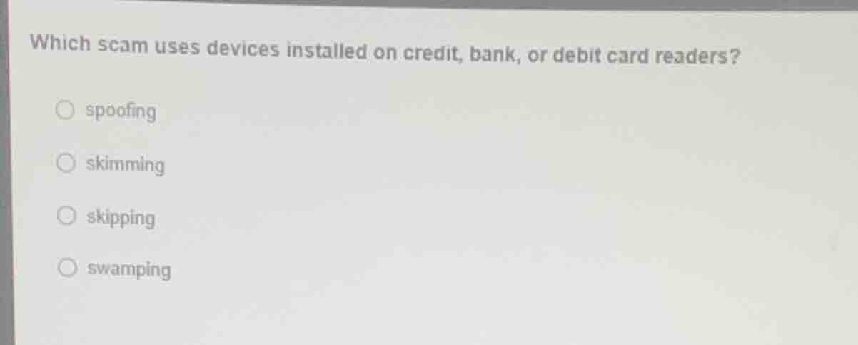 which scam uses devices installed on credit, bank, or debit card reader…