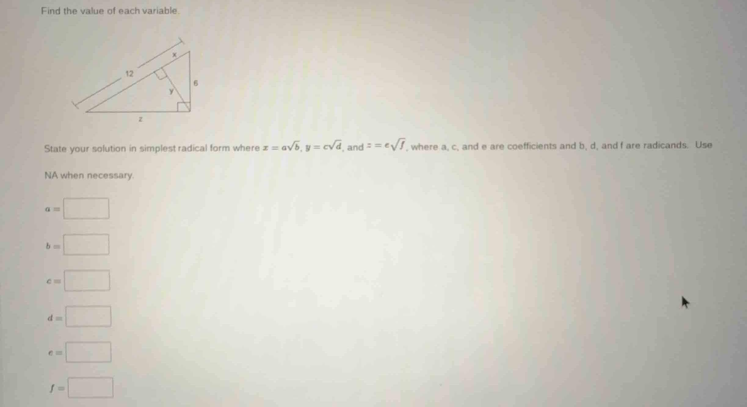 find the value of each variable. state your solution in simplest radica…