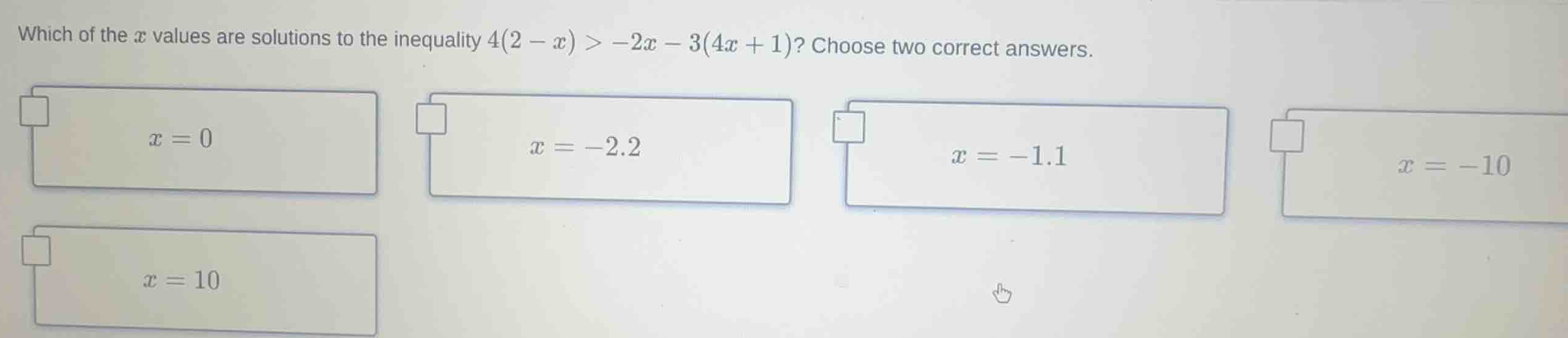 which of the \\(x\\) values are solutions to the inequality \\(4(2 - x)…