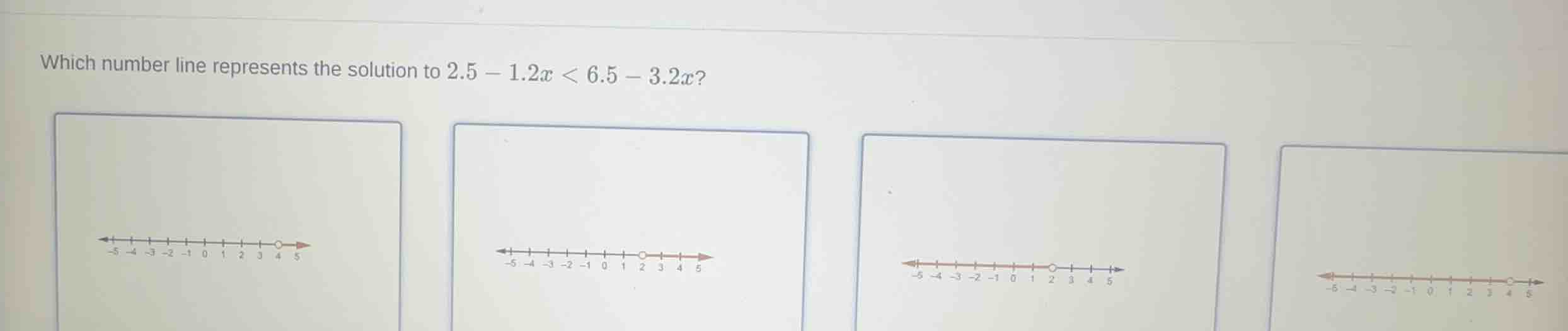 which number line represents the solution to (2.5 - 1.2x < 6.5 - 3.2x)?