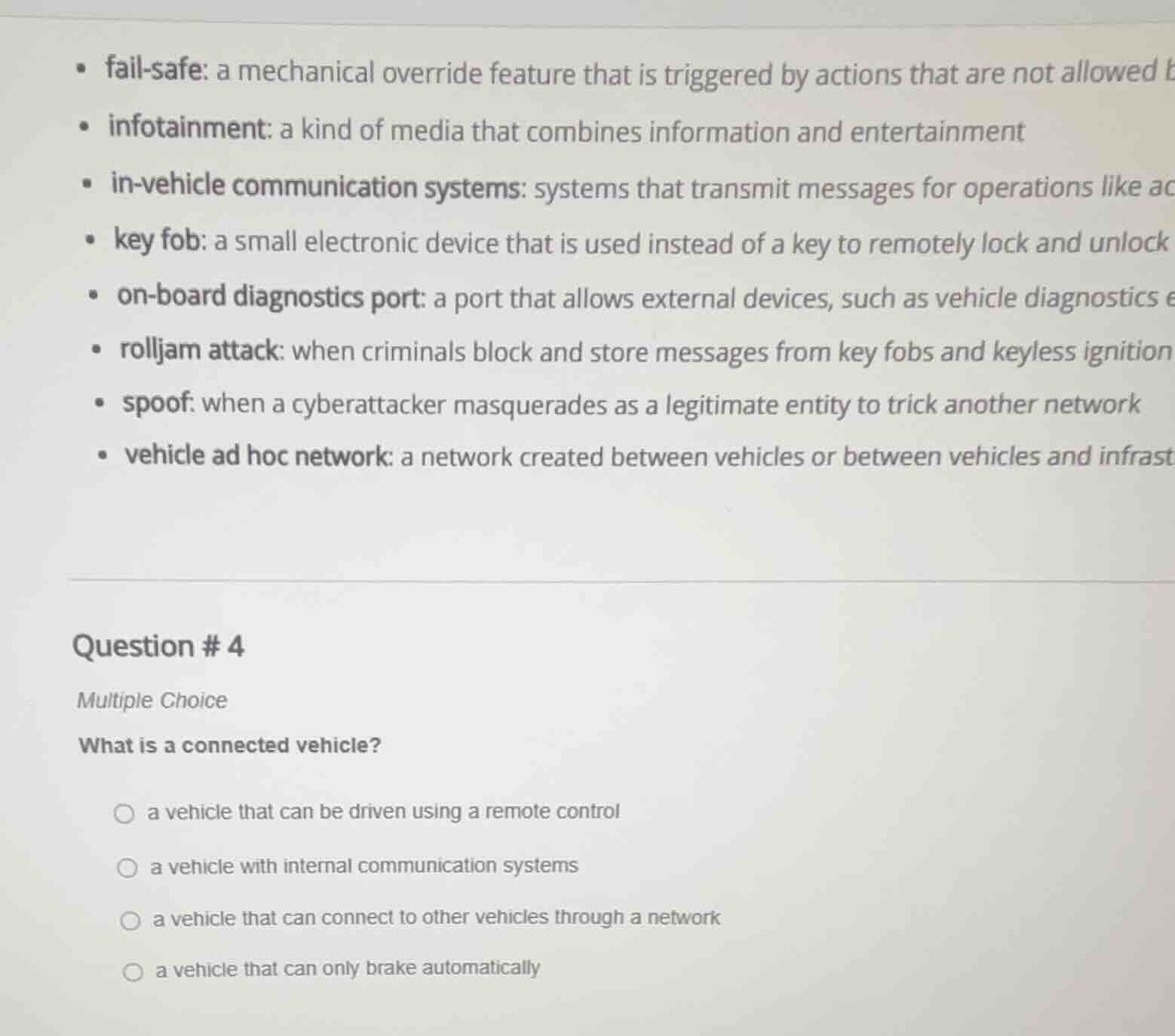 question # 4 multiple choice what is a connected vehicle? a vehicle tha…