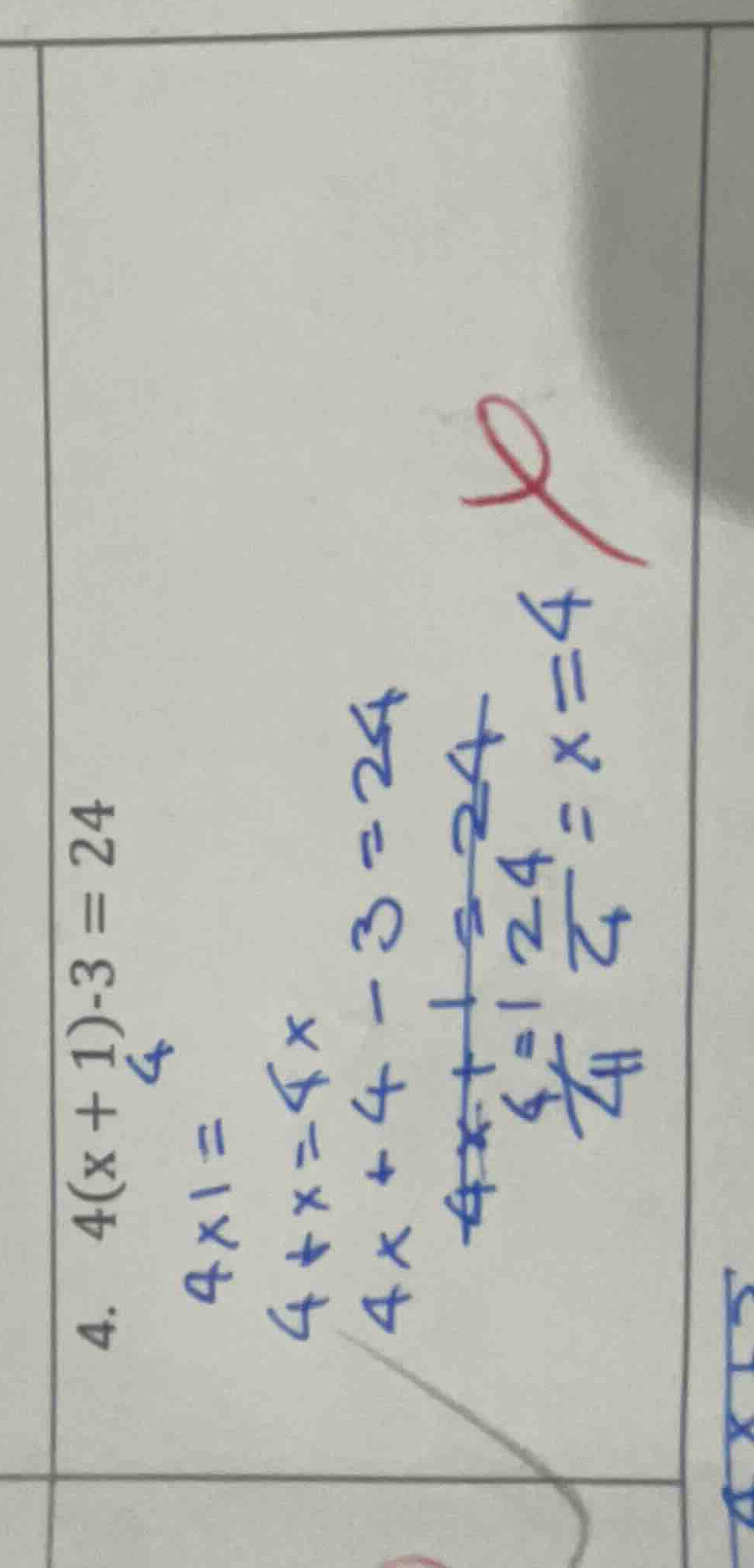 4. \\(4(x+1)-3=24\\)