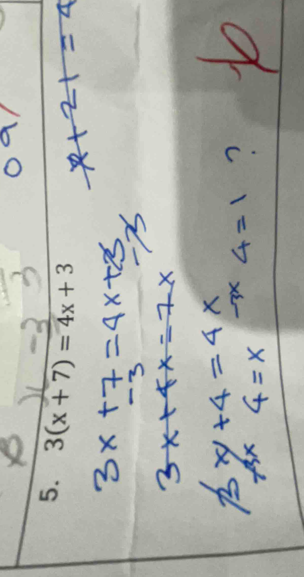 5. \\(3(x + 7) = 4x + 3\\)