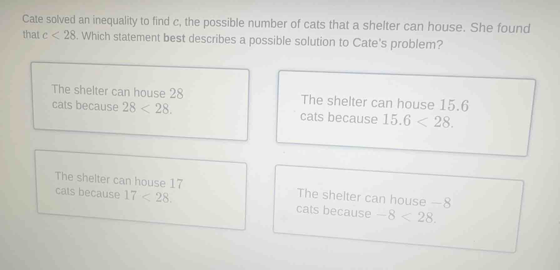 cate solved an inequality to find (c), the possible number of cats that…