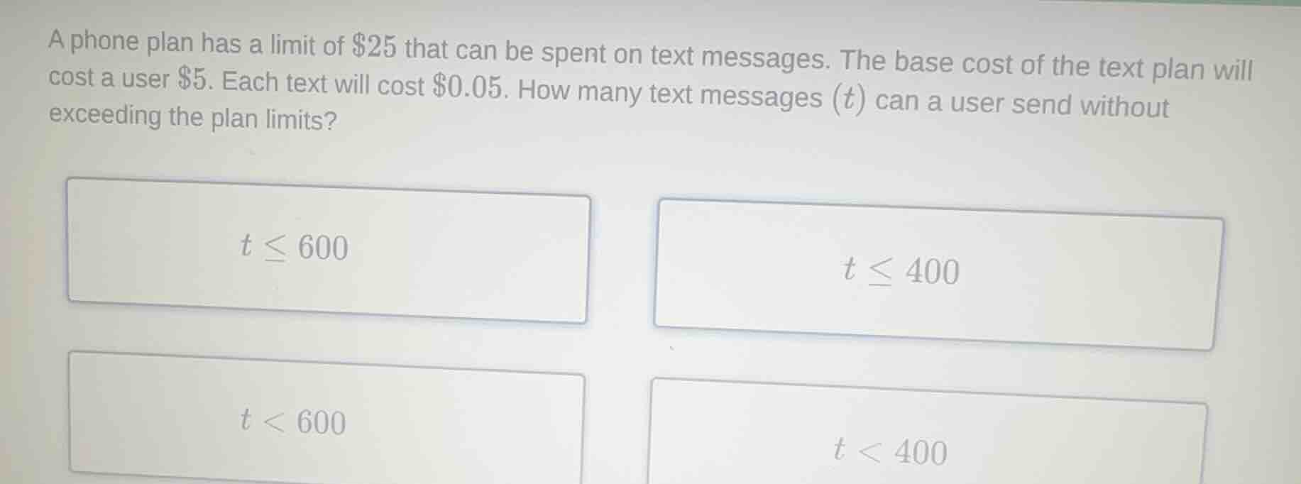 a phone plan has a limit of \\$25 that can be spent on text messages. t…