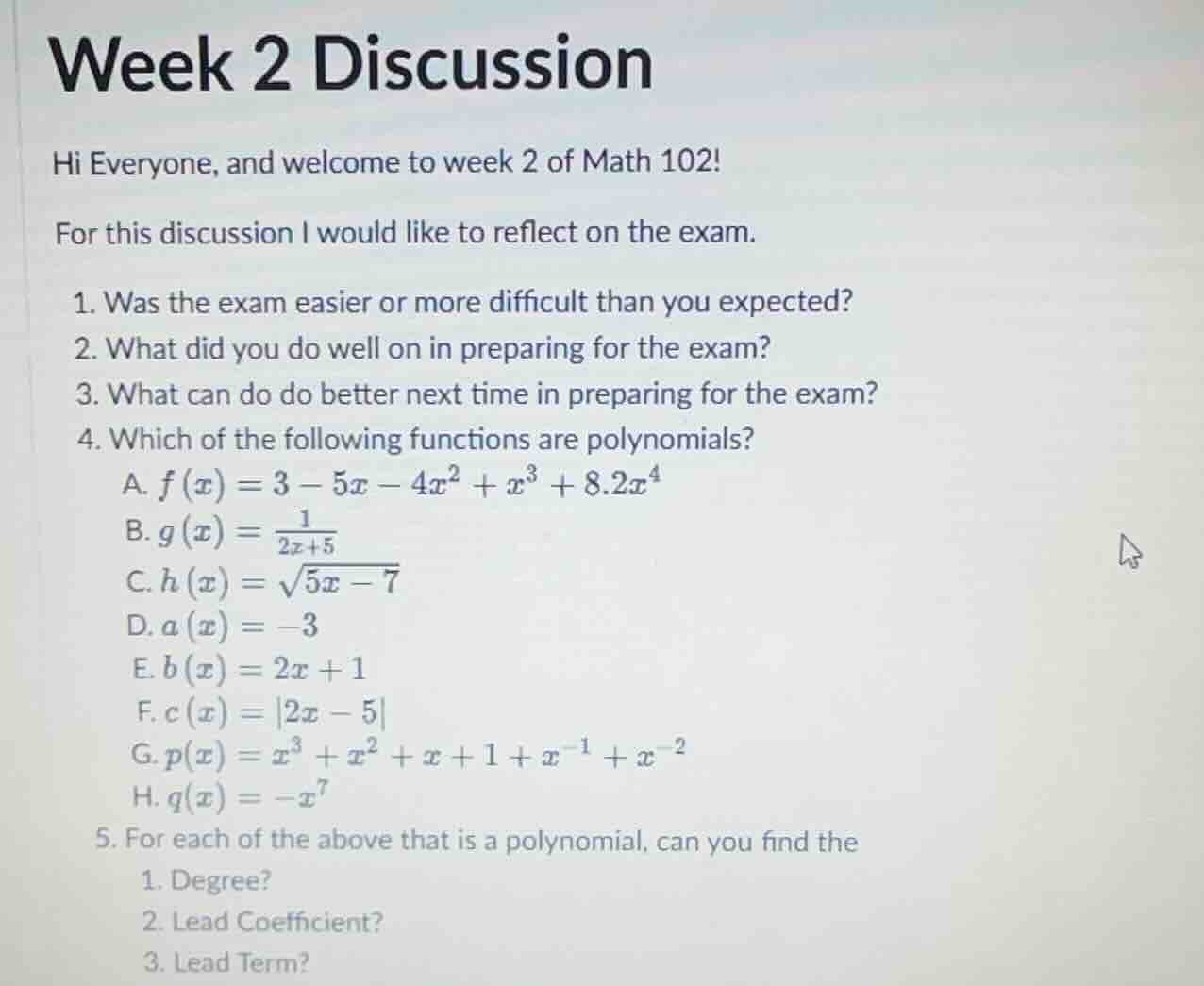 week 2 discussion hi everyone, and welcome to week 2 of math 102! for t…