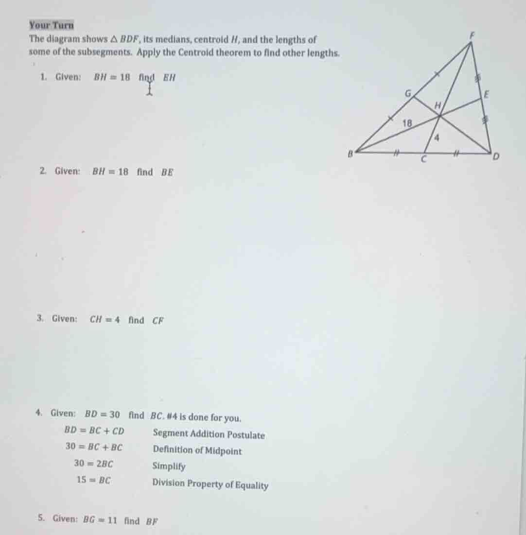 your turn the diagram shows \\(\\delta bdf\\), its medians, centroid \\…