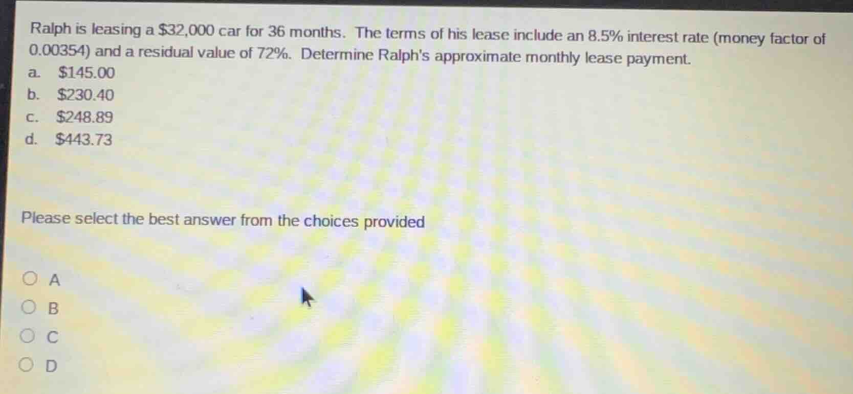 ralph is leasing a \\$32,000 car for 36 months. the terms of his lease …