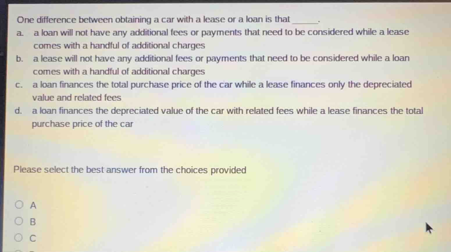 one difference between obtaining a car with a lease or a loan is that _…