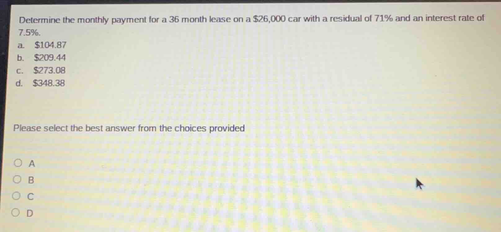determine the monthly payment for a 36 month lease on a \\$26,000 car w…